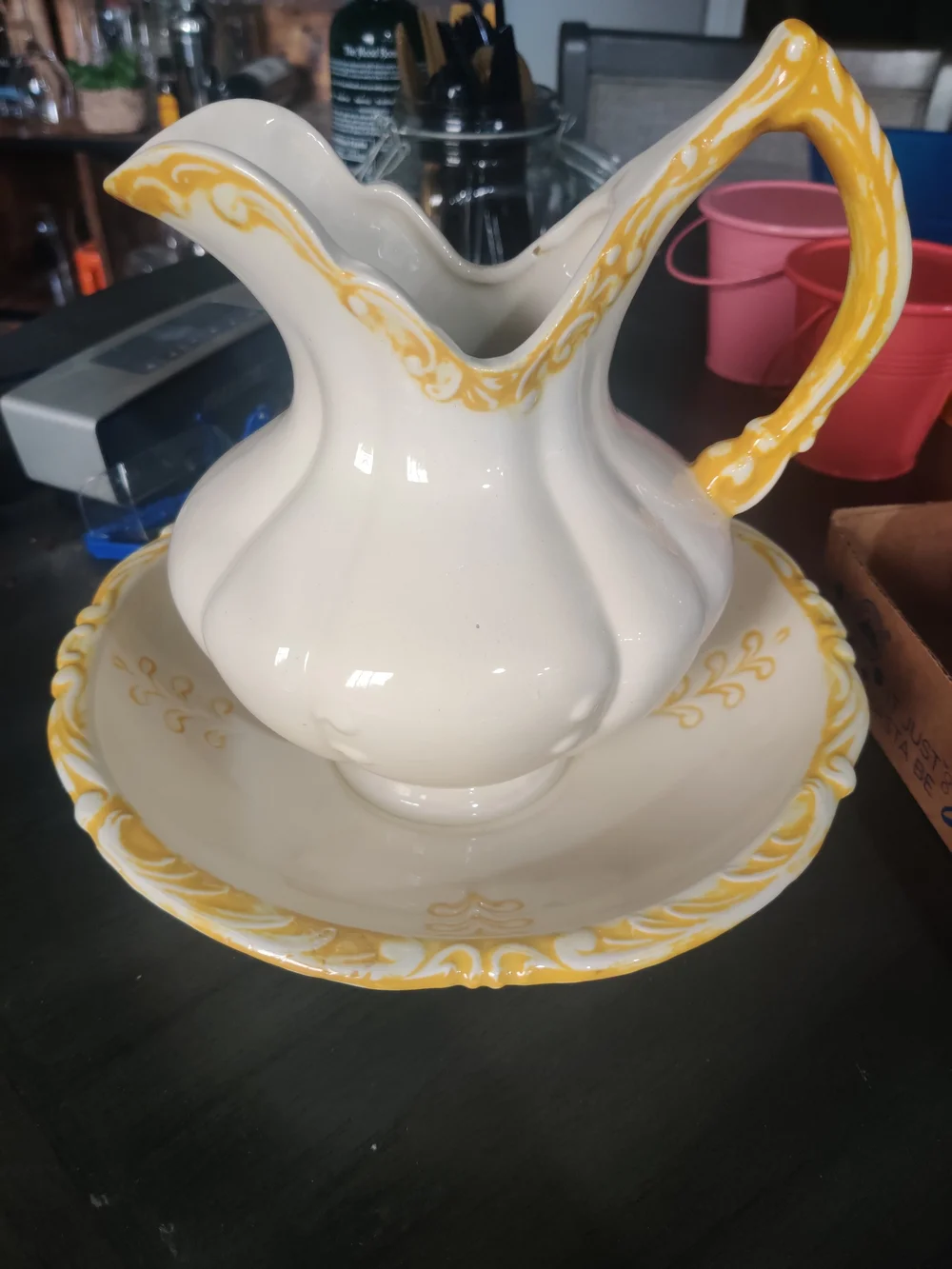Vintage White  and Yellow  Ceramic Pitcher and Basin Set